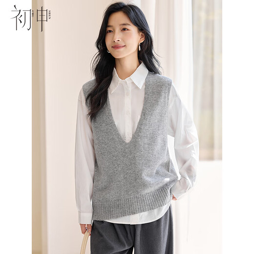Chushen Spring and Autumn 100% Pure Wool Sweater Knitted Vest Women's Fashion V-Neck Versatile Stacked Sweater S53Y119