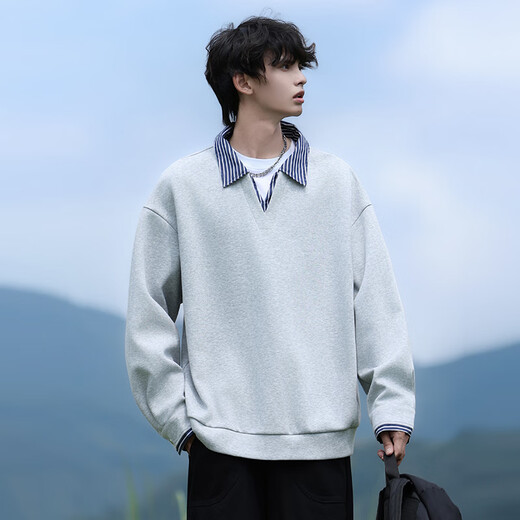 Homlean fake two-piece lapel sweatshirt autumn men's American trend versatile loose casual top HP02 hemp gray XL