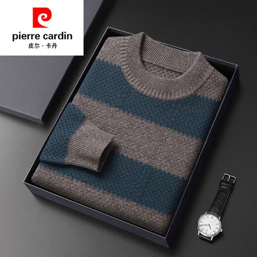 Pierre Cardin brand 100% pure cashmere men's high-end cashmere sweater winter warm round neck pullover color block sweater base layer smoke gray brand gift box packaging L (170) recommended weight 120-140Jin Jin equals 0.5 kg