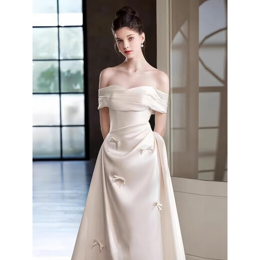 Utopia one-shoulder satin wedding dress, light niche tube top bridal wedding veil, simple French engagement dress, white 1. White M