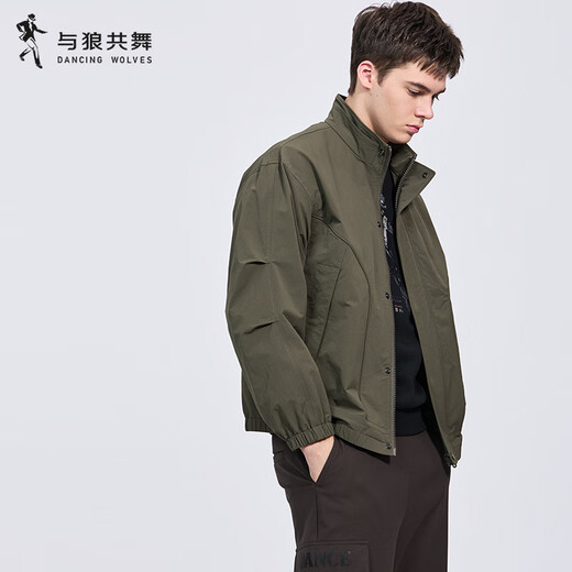 Dances with Wolves Windproof Stand Collar Jacket Men's 2025 Autumn and Winter New Commuting Anti-wrinkle High-Quality Casual Youth Loose Jacket 1078 Military Green 203 L (175)
