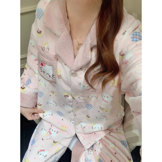 Also about autumn and winter pajamas for women, plus velvet and thickened coral velvet long-sleeved trousers, sweet and cute Hellokitty home clothes 2637 Sweetheart Pink Cat M