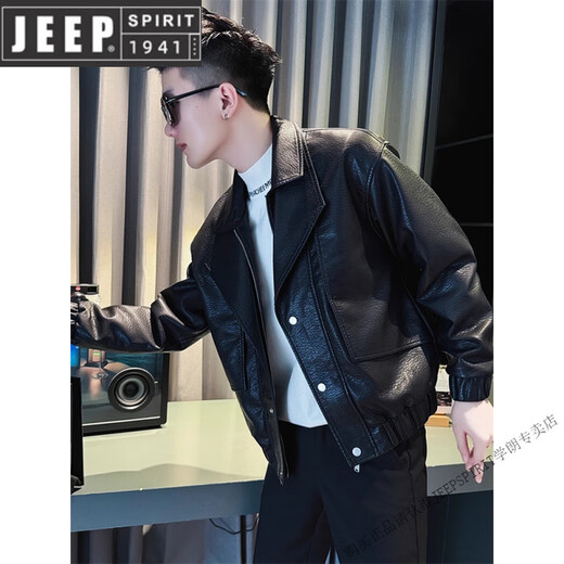 JEEP SPIRIT short leather jacket men's spring and autumn 2025 new single-breasted lapel motorcycle leather jacket trendy men's black M 95-120Jin Jin equals 0.5 kg