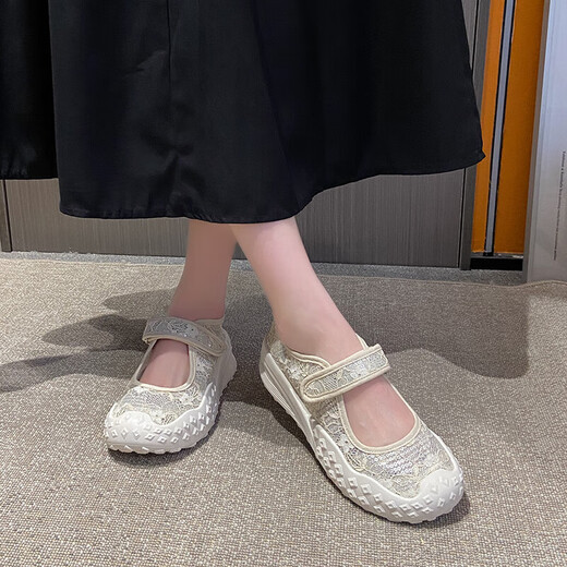 玛丽珍单鞋女蕾丝镂空网面透气厚底慢步鞋防滑耐磨休闲时尚妈妈鞋 YGNX-672米色 37