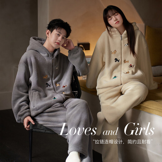 Mrs. Slee Sleep TIGHT couple pajamas winter women's lamb velvet thickened hooded zipper men can be worn outside winter home clothes LYR1243-women's L
