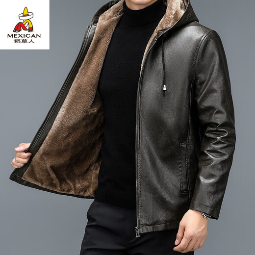 Scarecrow (MEXICAN) autumn and winter middle-aged and elderly leather jacket hooded men's leather jacket large size loose casual dad wear velvet thickened jacket 105 black 3XL 185170-190Jin Jin is equal to 0.5 kg