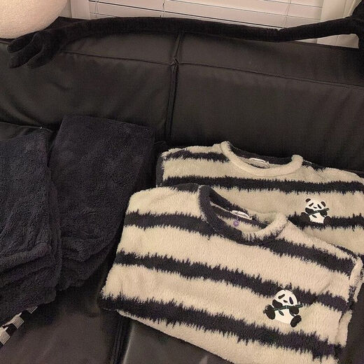 Autumn and winter coral velvet couple pajamas for men and women, teenagers and students can wear thickened flannel home clothes suit KE-R141# black and white striped cat pullover 2XL male