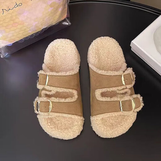 Thick-soled platform Birkenstock furry slippers for women, 2025 autumn and winter new fashion, one-word belt buckle, plush cotton slippers, camel 35
