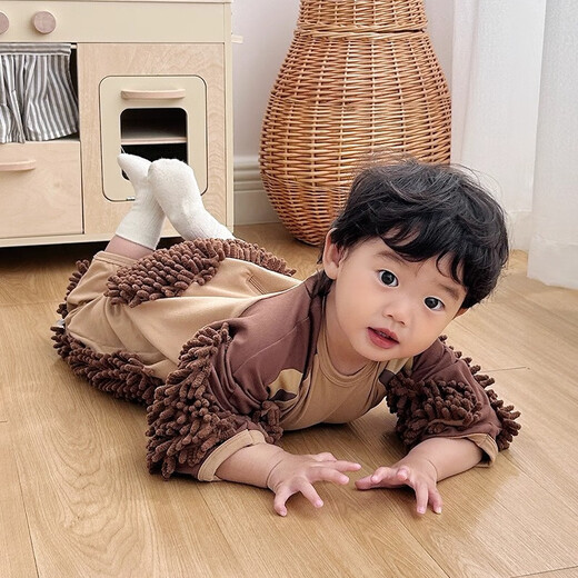 纪奈落爬爬服爬行服婴儿秋冬宝宝户外防脏擦地罩衣拖地春秋拖布连体衣服 拖把熊长袖90码【适合身高73-78cm】 均码