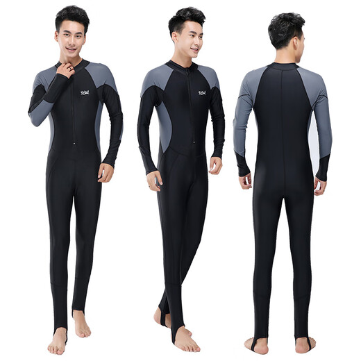 He Jiagong diving suit men's one-piece jellyfish suit long-sleeved trousers snorkeling full-body sun protection quick-drying warm swimsuit large size winter swimming black and gray long-sleeved M recommended 98-115 Jin Jin equals 0.5 kg