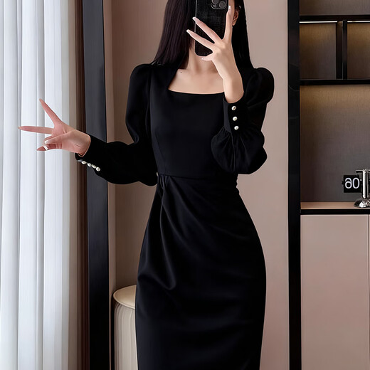 Bangboshi Black Dress Women's 2025 Autumn New Slim Fit Square Neck High-Quality French Casual Long Dress French Square Neck Black Dress Long Sleeve M Suitable (101-115)