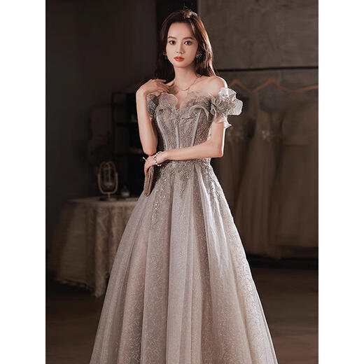 Gray banquet evening dress 2025 new one-shoulder elegant annual meeting host fairy temperament birthday party dress gray long S