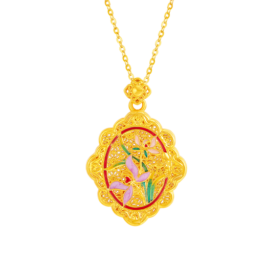 Mingzuan International 18K gold pendant for women au750 ancient charm orchid and field jade necklace enamel palace neck gift for girlfriend