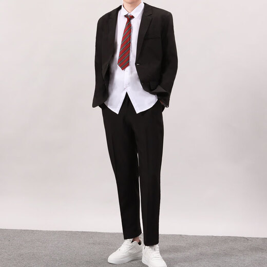 GOKU youth college style suit suit male high school student graduation photo uniform loose handsome DK tie suit jacket black suit + white long-sleeved shirt + trousers + red tie XL Height 165-180cm Weight 120-135 Jin Jin is equal to 0.5 kg