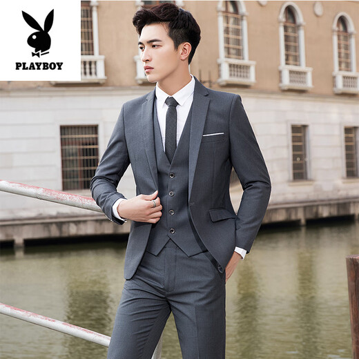 Playboy (PLAYBOY) high-end suit men's three-piece suit Korean style groom wedding suit tailored groomsman dress casual professional formal burgundy suit + pants + vest + shirt free M