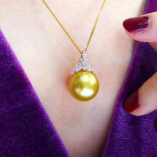 Zhouke Xifei real diamond 18k gold foreign gold bead pendant tea gold thick gold single ice and snow queen seawater necklace Philippines 12-13mm