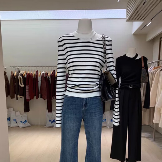 Su Yuwei old money style gray striped hollow knitted bottoming shirt for women in autumn and winter, high-end slim fit inner sweater, shoulder top, dark gray stripes, follow the store - free shipping insurance S (80-95Jin Jin is equal to 0.5kg)