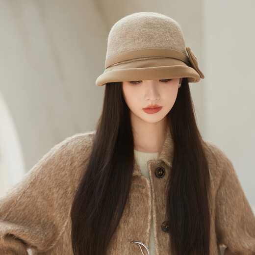 Catman Hat Women's Autumn and Winter Fashion Versatile Basin Hat Wool Winter Warmth British Retro Elegant Fisherman Hat Temperament Hat Khaki 56-59CM