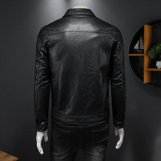 2025 velvet thickened lapel motorcycle leather jacket for men, fashion trend, slim and handsome leather jacket, youth short jacket, black without velvet L (size recommendation 100-115Jin Jin equals 0.5 kg)