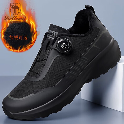 Western Camel (VANCAMEL) outdoor hiking shoes for men 2025 winter new rotating button plus velvet shoes thick sole cushioning hiking sports shoes for men black custom plus velvet model 42 standard leather shoe size