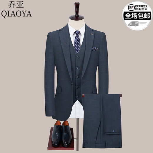 乔亚意大利轻奢品牌条纹西服套装男商务休闲正装西服外套新郎结婚礼服 6173-黑条【两扣双开叉三件套】 S 165/84A 44码