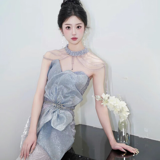Mermaid evening dress for women 2025 new style high-end atmosphere niche French annual meeting host evening dress gray blue M 85Jin Jin is equal to 0.5kg -90Jin Jin is equal to 0.5kg. Card code to shoot large