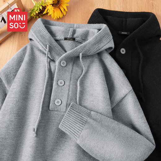 MINISO Henley collar hooded sweater for men and women, autumn and winter couple Korean casual pullover sweater, light gray XL