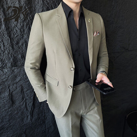 DK brand men's suit suit men's high-end autumn suit Korean version slim formal casual suit three-piece set khaki suit + trousers S