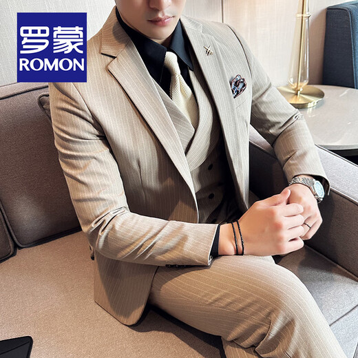 ROMON Light Luxury High-end Striped Suit Men's Business Casual Professional Formal Wear Groom Wedding Banquet Suit Dress Gray Suit + Suit + Vest XL Size (Free Brooch + Pocket Square)