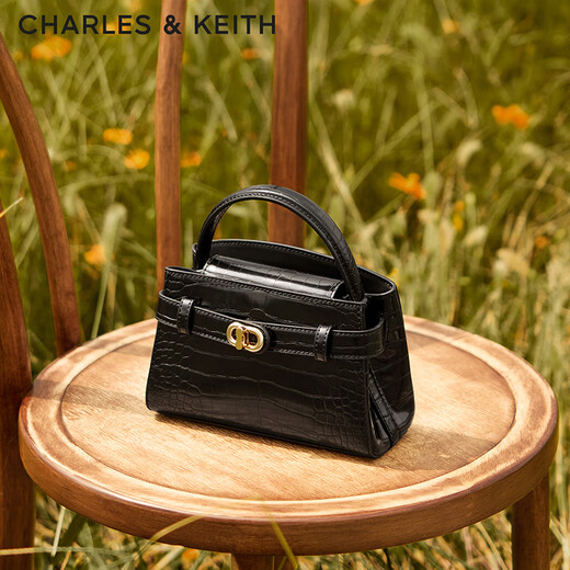 CHARLES&KEITH crocodile pattern Kelly bag hand-held cross-body wedding bag women's bag birthday gift CK2-50270880-1 Black black S