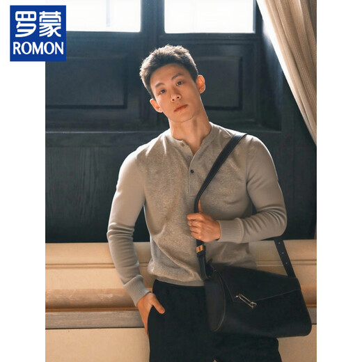 ROMON black American Henry collar sweater men's fall cleanfit high-end bottoming sweater old money style top black M (recommended 100-115Jin Jin equals 0.5kg)