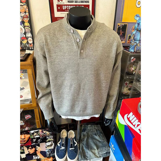 American retro gray Henry collar sweater for men in autumn and winter, lazy style cleanf bottoming sweater, light gray upgraded version 90 options M
