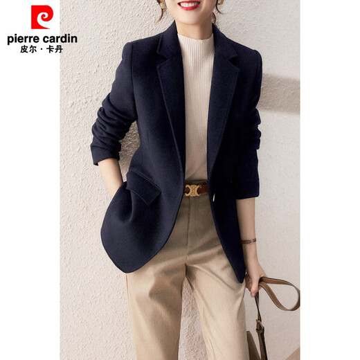 Pierre Cardin 2025 Winter New Slim Fit Wool Suit Jacket Women's Slim, Warm and Versatile Wool Suit Navy M Suitable for 100-115 Jin Jin equals 0.5 kg