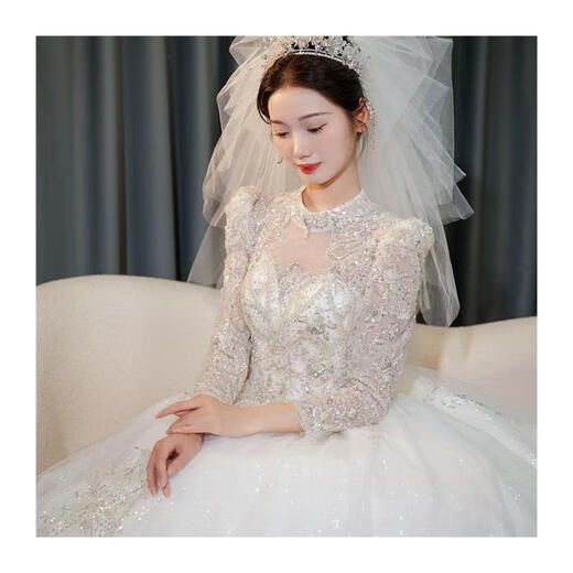 Wei Lianmenglan Wedding Dress 2025 Bride's Main Wedding Dress Long Sleeve Outlet Dress French Heavy Industry Retro Lace Palace Style Welcome Ceremony Dress Floor-length Style + Veil Support M