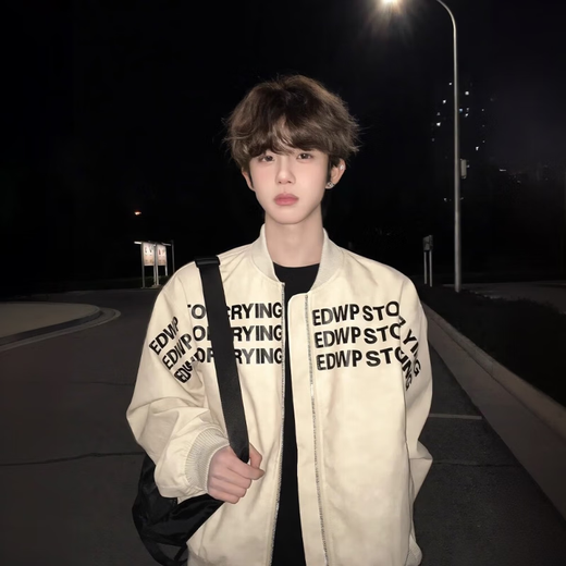 Yiran presents letter printed American baseball uniform for men in spring and autumn silhouette high street hiphop high-end handsome flight jacket coat apricot L recommended 110-125 Jin Jin equals 0.5 kg