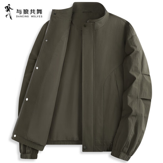 Dances with Wolves Windproof Stand Collar Jacket Men's 2025 Autumn and Winter New Commuting Anti-wrinkle High-Quality Casual Youth Loose Jacket 1078 Military Green 203 L (175)