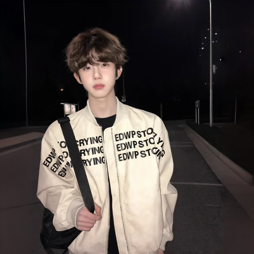 Yiran presents letter printed American baseball uniform for men in spring and autumn silhouette high street hiphop high-end handsome flight jacket coat apricot L recommended 110-125 Jin Jin equals 0.5 kg