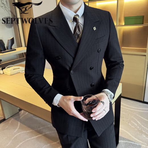 SEPTWOLVES double-breasted striped suit men's suit spring and autumn new trendy business casual slim suit three-piece black suit + trousers + vest 3XL (155-165Jin Jin equals 0.5 kg)