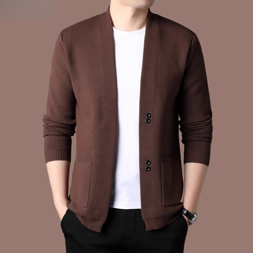 Ordos pure wool sweater men's knitted cardigan spring and autumn new casual outer wear solid color versatile men's sweater camel HYX-8918 M 165/M (weight 90-120)