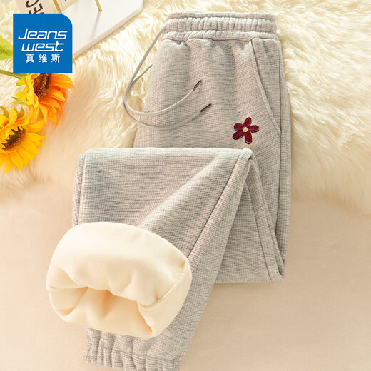 JEANSWEST waffle plus velvet leggings women's sweatpants 2025 new autumn and winter student warm loose casual sweatpants hemp gray burgundy flowers_K 3XL