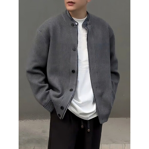 XUANSENTU fake two-piece plaid patchwork sweater loose lazy style cardigan jacket men's Henry collar American retro sweater black L