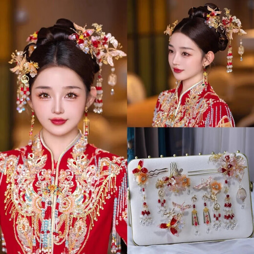 Fuwu Xiuhe clothing headdress Xiuhe bride Chinese style 2025 new gold and red simple and elegant wedding phoenix crown, dragon and phoenix gown, one jewelry love eyebrow pendant