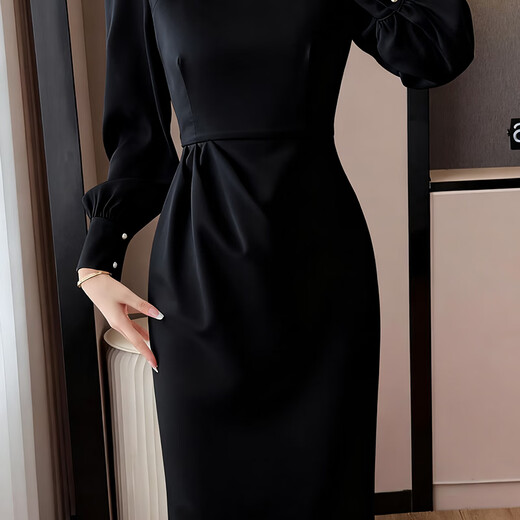 Bangboshi Black Dress Women's 2025 Autumn New Slim Fit Square Neck High-Quality French Casual Long Dress French Square Neck Black Dress Long Sleeve M Suitable (101-115)