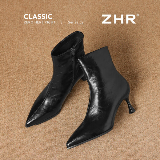 ZHR pointed toe short boots for women with velvet temperament and versatile ankle boots for women's commuter stiletto high heel boots BQ137A black 38