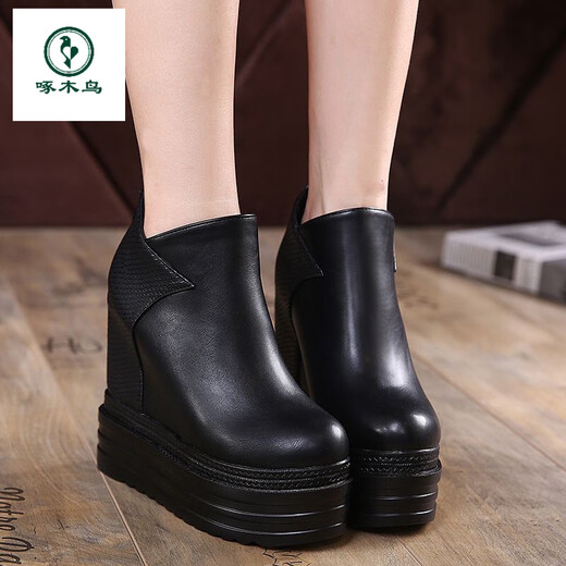 Woodpecker's new genuine leather Martin boots 12 thick-soled wedge short boots ultra-high heels platform women's boots with increased height and velvet naked boots black (heel height 14 cm single mile) 35