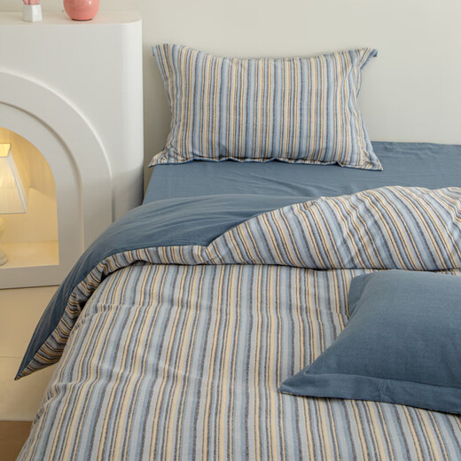 High-end home new thickened pure cotton brushed four-piece set 100% cotton spring, autumn and winter bed sheets, quilt covers and fitted sheets, Ellen-Blue, comfortable and skin-friendly bed sheets, 1.8 four-piece set-quilt cover 200x230