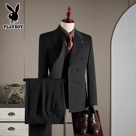 Playboy Double Breasted Wool Suit Men's Suit Business Formal High Quality Slim Plus Size Groom Wedding Suit Three Piece Black Suit+Trousers+Vest L (110-125Jin Jin equals 0.5kg)