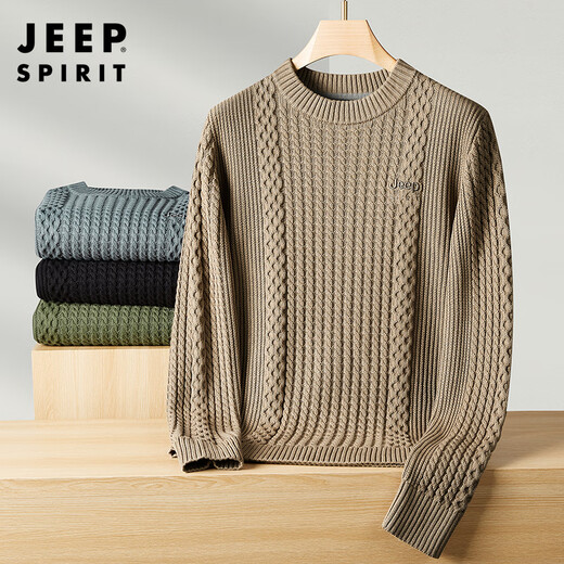 JEEP SPIRIT吉普品牌2025纯棉毛衣男士冬季加厚保暖打底针织衫圆领休闲毛线衣 中灰色 XL