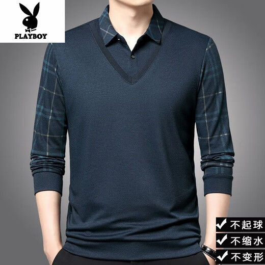 Playboy (PLAYBOY) wool long-sleeved T-shirt fake two-piece sweatshirt men's knitted bottoming shirt collar middle-aged men's gray plaid 2511 S 165/48 suitable for 110Jin Jin equal to 0.5 kg or less