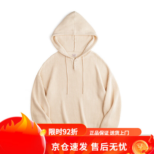 Maden Workwear American Casual Henley Collar Knitted Hooded Sweatshirt Loose Lazy Style Pullover Top Men's Autumn and Winter Ivory White M